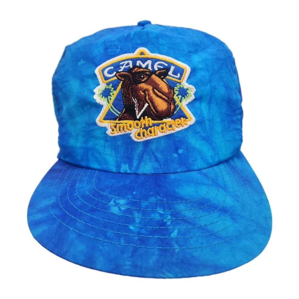Vtg 80s 90s Camel Cigarettes Smooth Character SnapBack Hat Blue Tie Dye Nylon